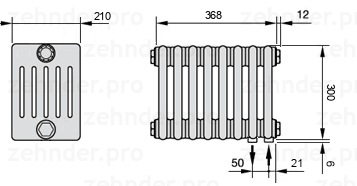 Схема (чертеж) Радиатор Zehnder Charleston 6030/8 №5510 Белый глянцевый RAL 9016